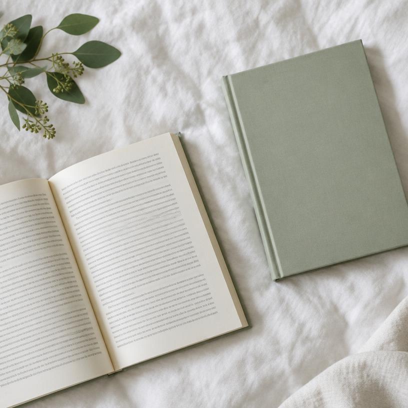 Livro aberto junto a uma edição de capa verde, em uma composição ilustrativa