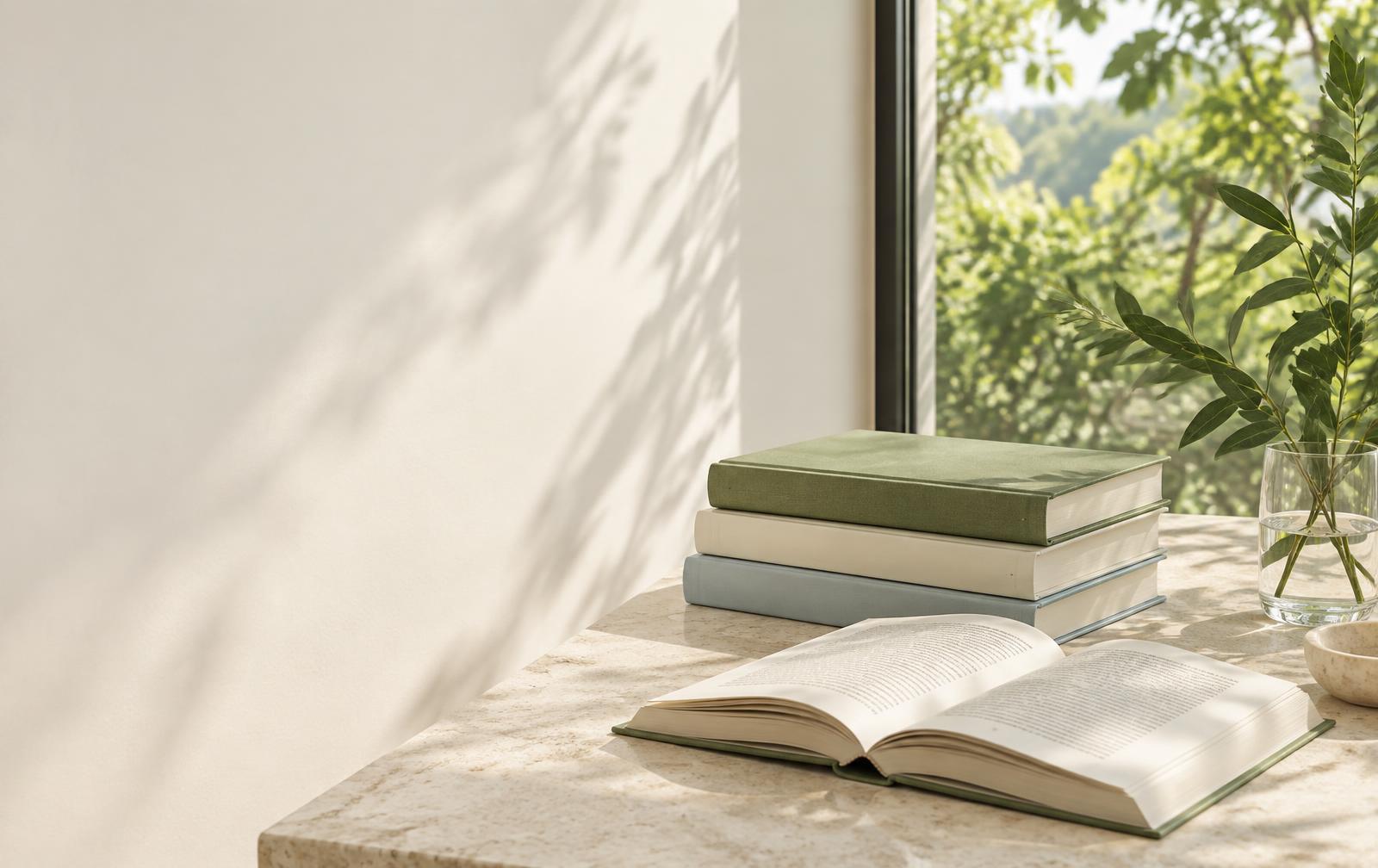 Livros abertos e encadernados em uma mesa iluminada pela luz natural